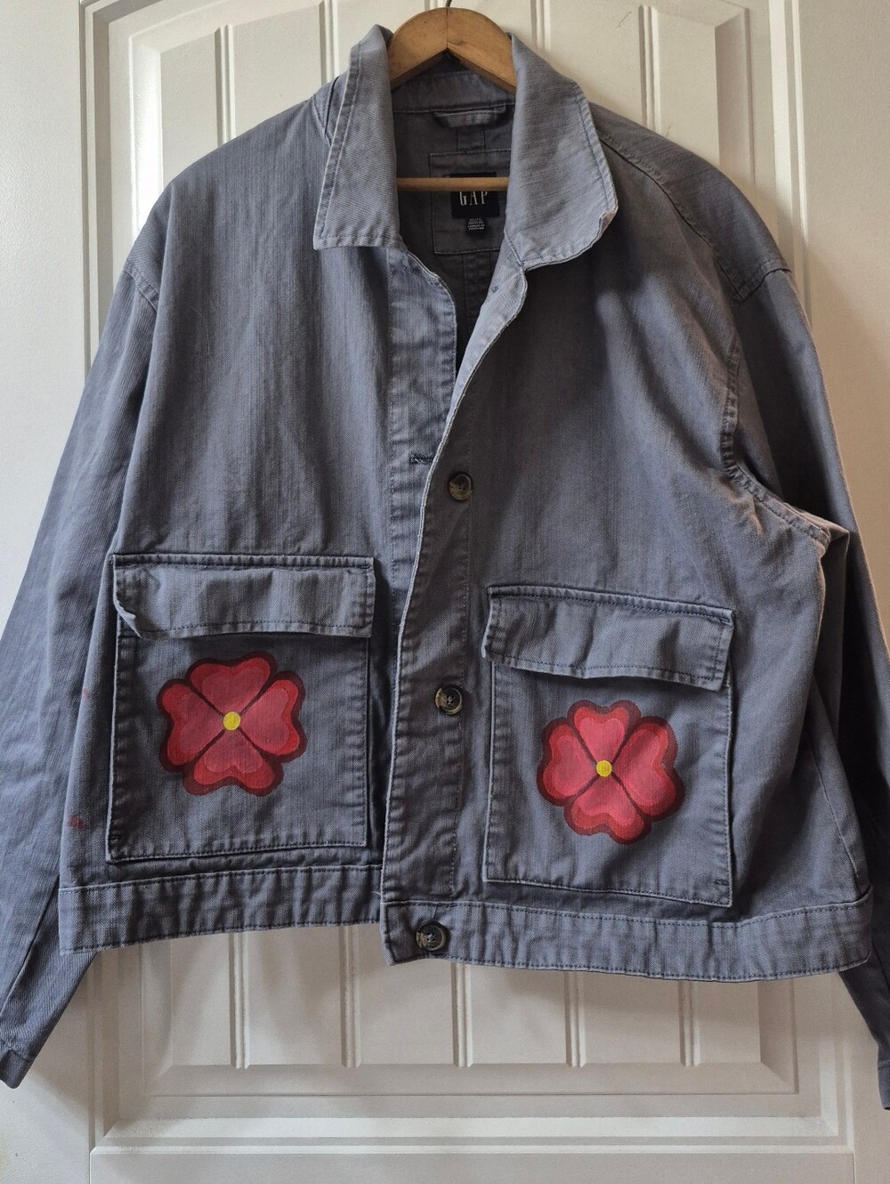 Womens Custom Hand-painted Floral Gap Utility Jacket Sz XL